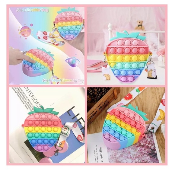 Silicone Rainbow Strawberry Fruit Popper Pop It Fidget Crossbody Bag Purse - Picture 12 of 15